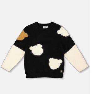 Deux par Deux Girl Knitted Sweater Black with Bear Intarsia, Size 3T.